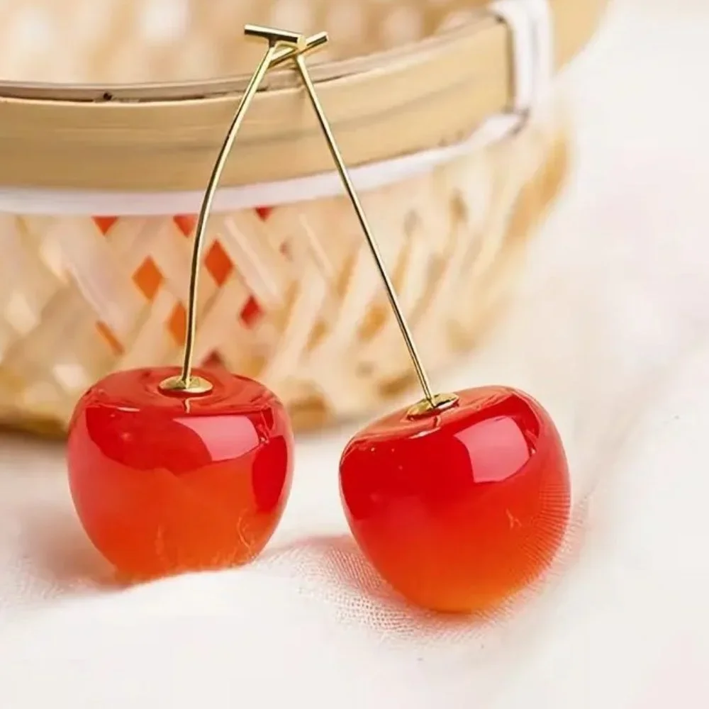 Earrings Cherry Red Drop Dangle 14K Gold Plated Ornament Bomb Sexy Glam Trendy - Picture 7 of 7